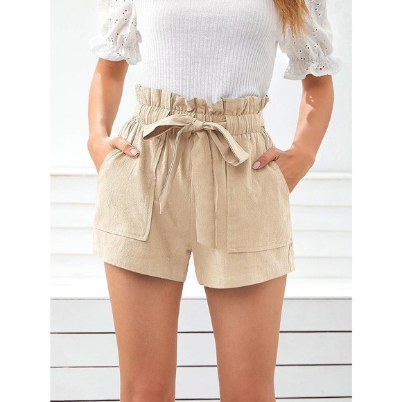 Boho Paperbag Belted Shorts high waist with pockets - olive green - Picture 6 of 11